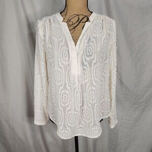 BUTTONS Size Small‎ Sheer Ivory Chiffon Texture Aztec Long Sleeve Popover Blouse